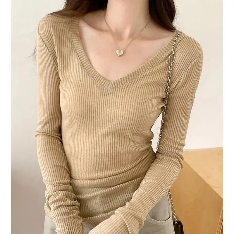 Summer Black Basic V-neck Chic Knitting Casual Women Pullovers New Fashion Striped Solid Color Simple Slim Sexy Female Pullovers