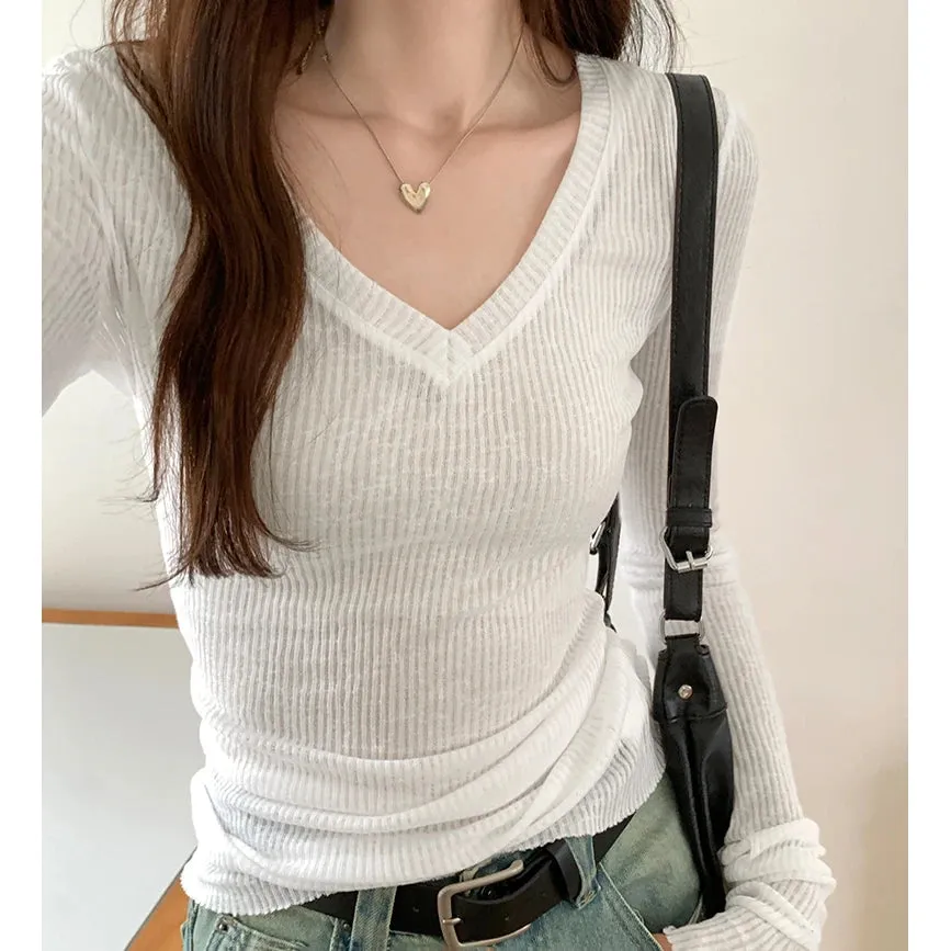 Summer Black Basic V-neck Chic Knitting Casual Women Pullovers New Fashion Striped Solid Color Simple Slim Sexy Female Pullovers