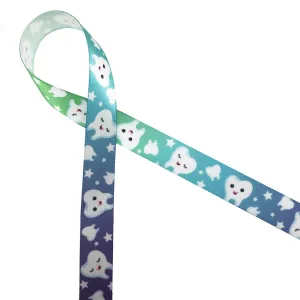 Tooth Fairy Ribbon with molars and stars on an ombre background of green to purple printed on 5/8" white single face satin