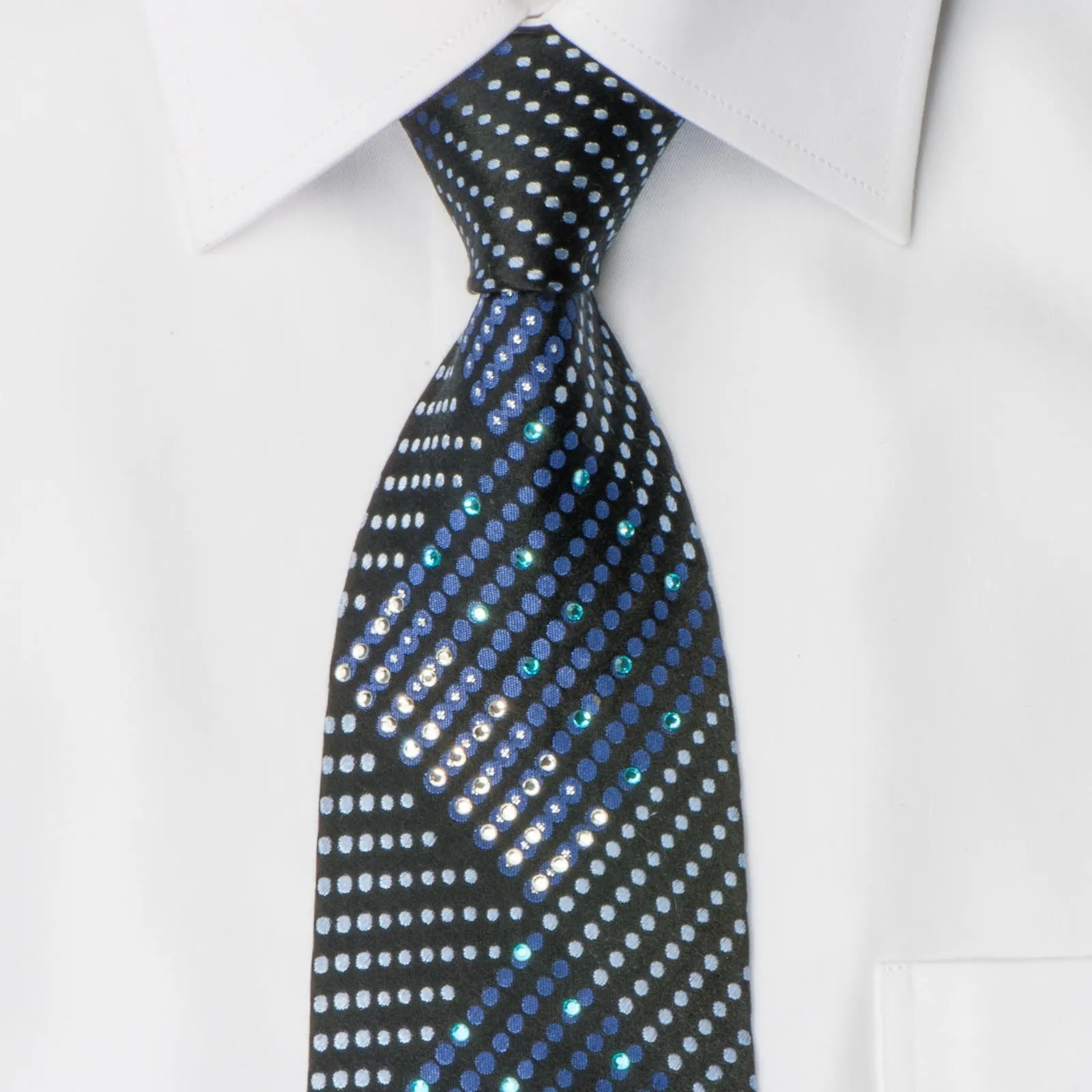 Vito Rufolo Rhinestone Tie Silver & Blue Geometric Dots On Navy Blue With Silver Sparkles