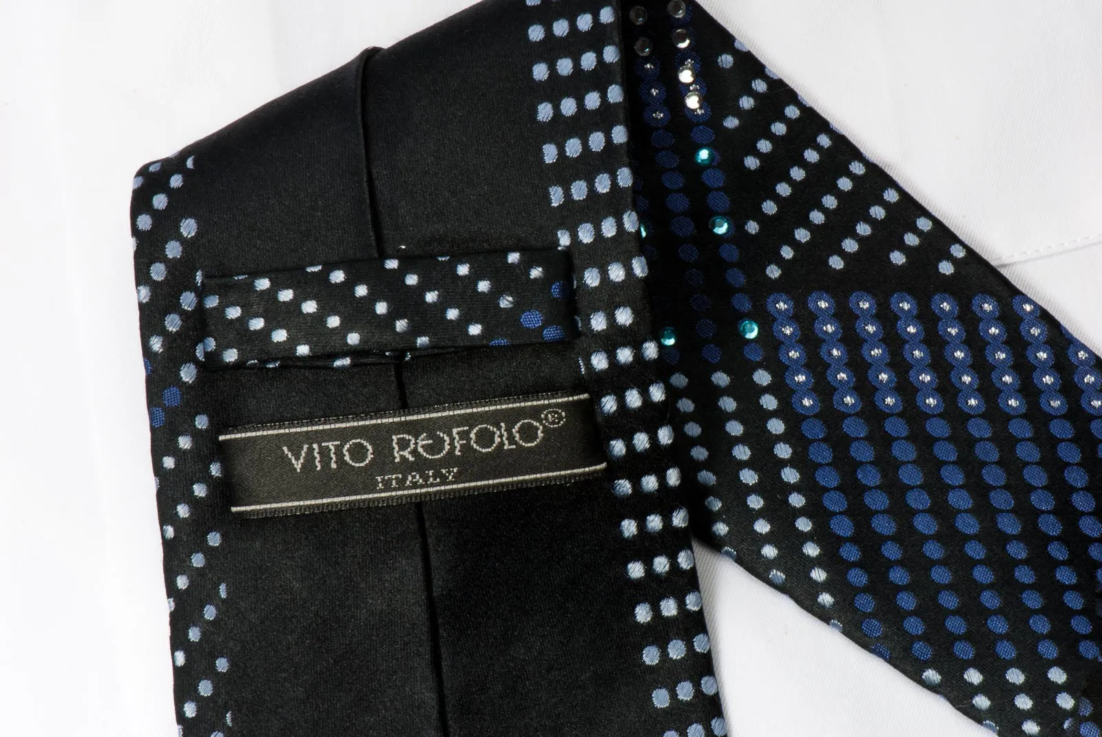 Vito Rufolo Rhinestone Tie Silver & Blue Geometric Dots On Navy Blue With Silver Sparkles