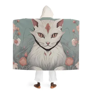 White Cat with Flowers, Cozy Hooded Sherpa Fleece Blanket