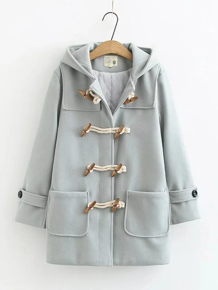 Winter Women Wool Blends Coat Straight Long Hooded Coats Jacket  Horn Button  Sleeve Preppy Style Female Warmness Outwears