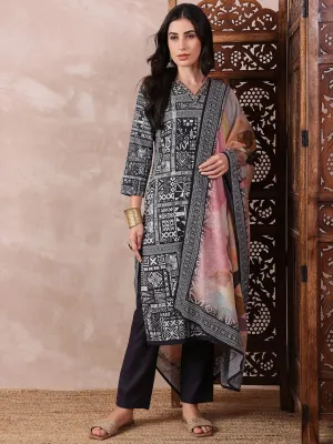 Women Black Silk Blend Geometric Printed Straight Kurta Trouser With Dupatta