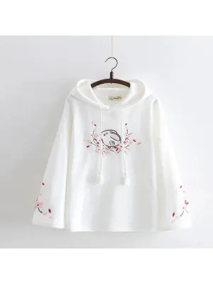 Women Floral Embroidery Pink Hooded Sweatshirts 2020 Winter Flare Sleeve Plus Velvet Thick Hoodies Sweet Pullovers