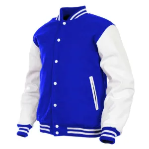 Women Varsity Jacket Wool Genuine Leather Blue/White