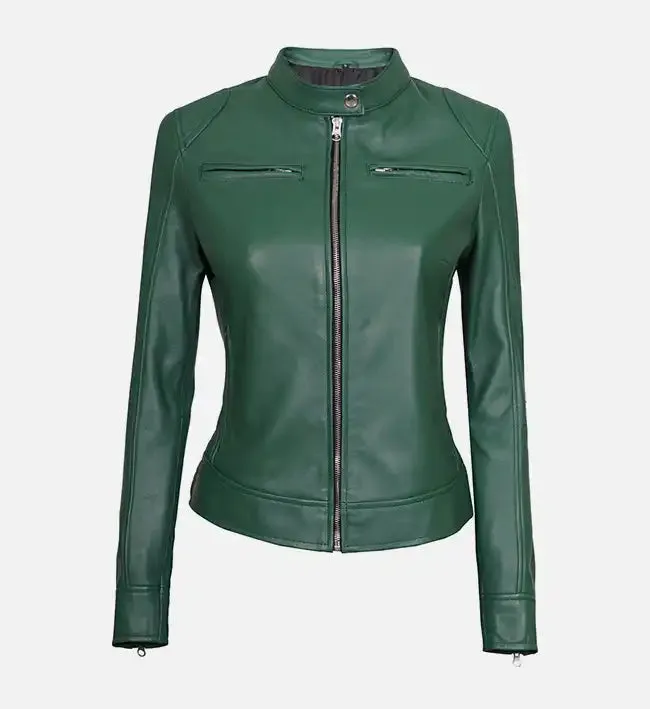 Women's Dodge Green Cafe Racer Leather Jacket