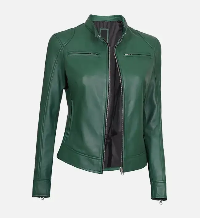 Women's Dodge Green Cafe Racer Leather Jacket