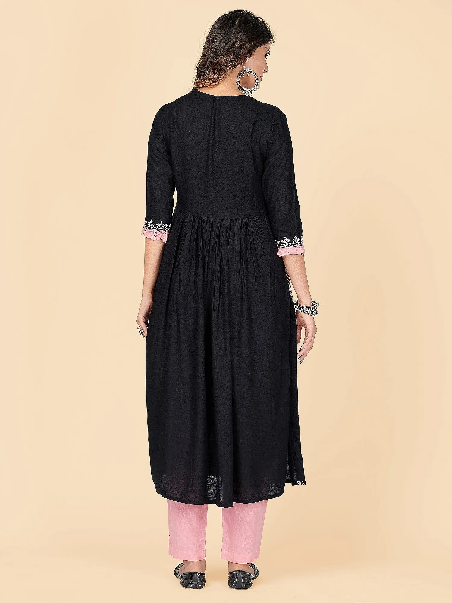 Women'S Embroidered & Mirror Work A-Line With Side Slit Rayon Black Stitched Kurta With Pant