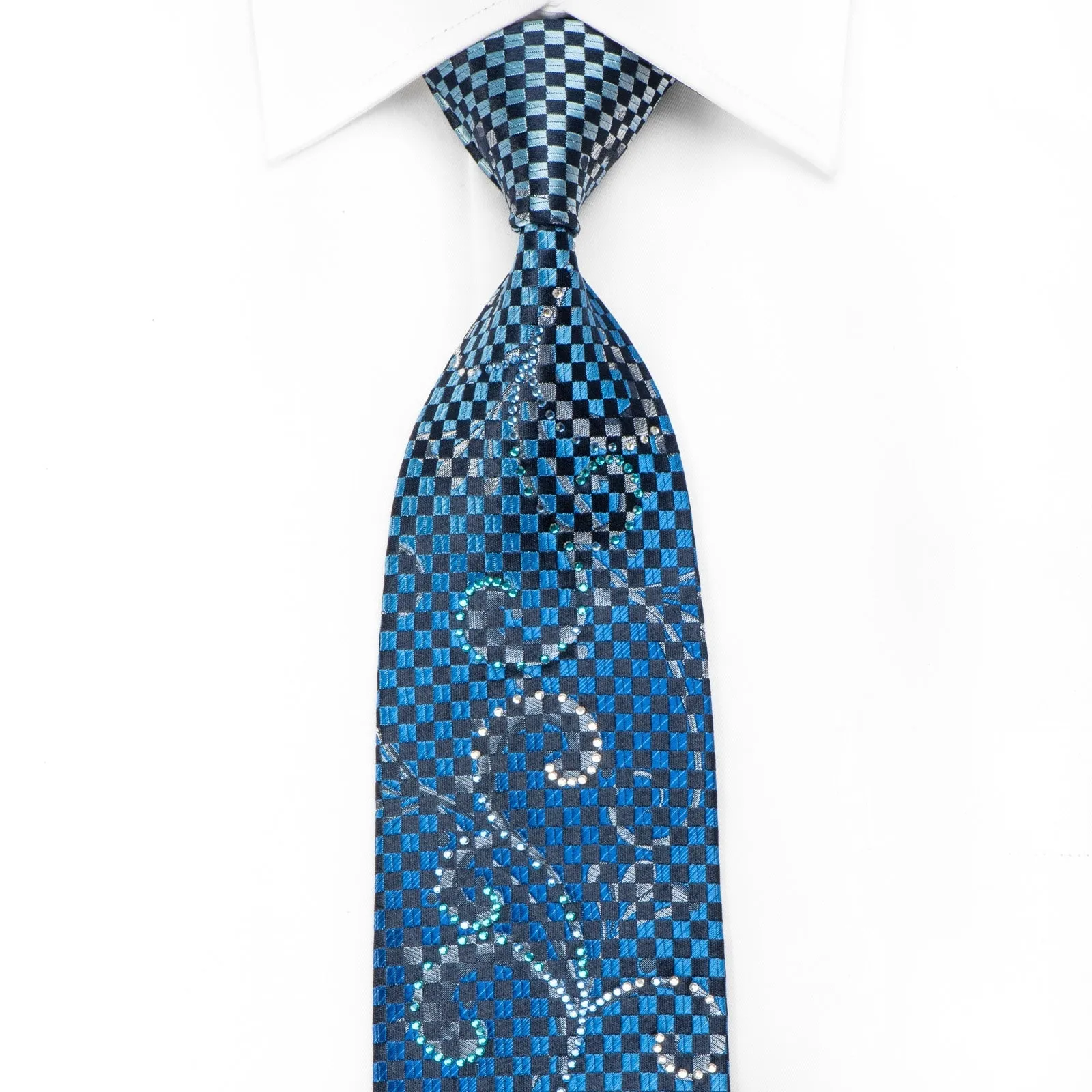 Yezak Men's Crystal Silk Tie Blue Navy Scrolls & Checker With Silver Sparkles